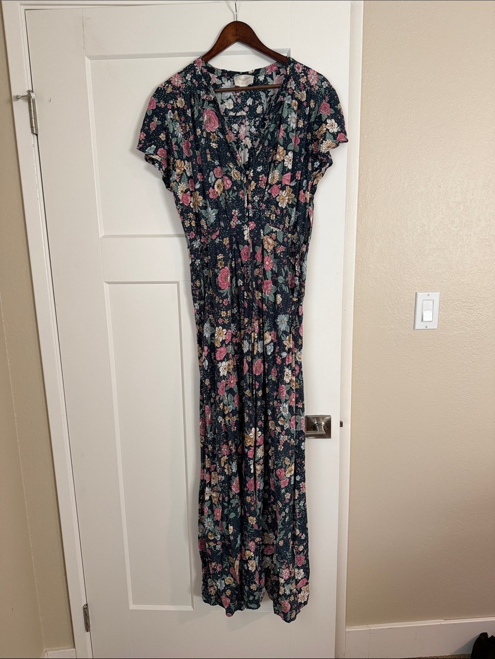 Auguste Floral V-Neck Maxi Dress - Navy with Pink & Cream Flowers